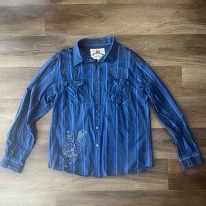 Vintage Ed Hardy Blue and Black Striped Born To Win Button Down